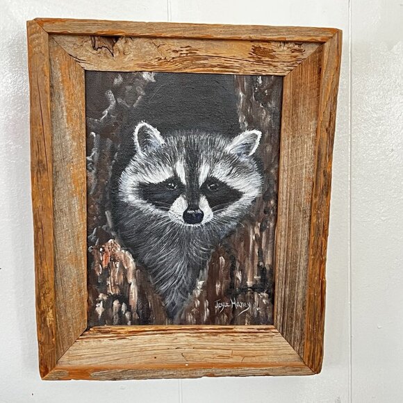 Rustic Hand Painted Raccoon Adorable Folk Art Barn Wood artist signed Handmade - Picture 1 of 14